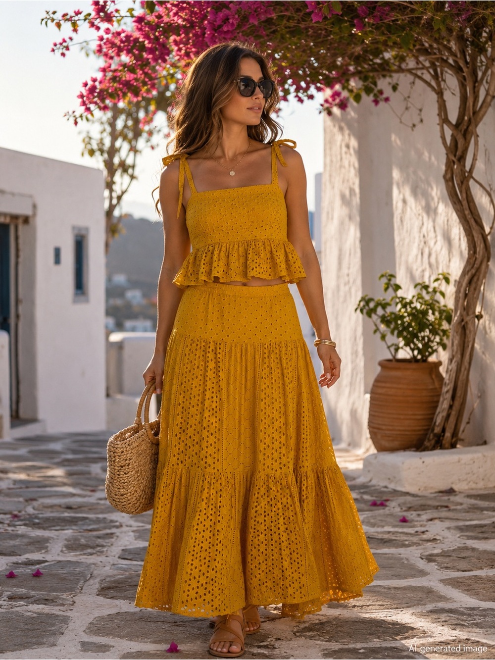 House of Harlow 1960 Mustard Eyelet Cotton Crop Top Maxi Skirt Set Size Small